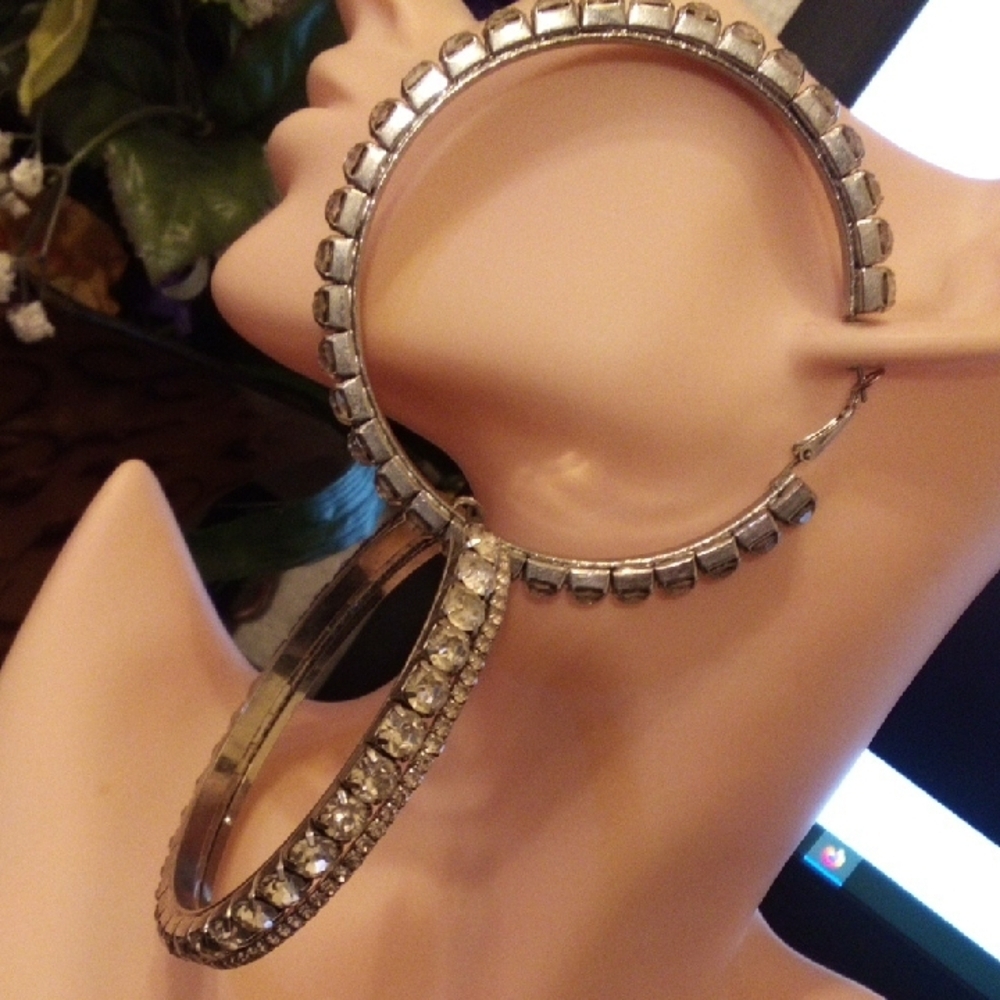 Rhinestone Double Hoop Statement Earrings - Silver Tone